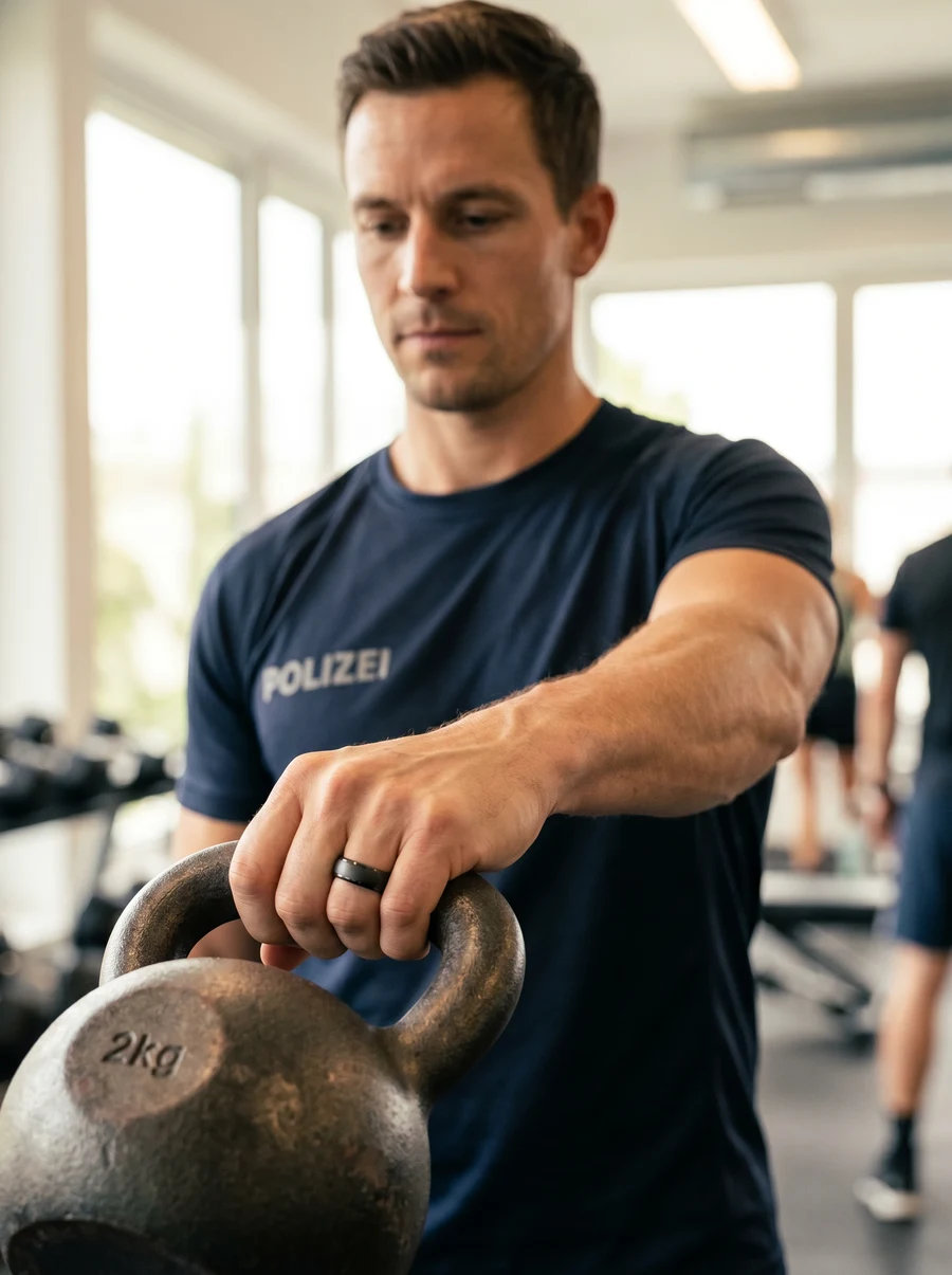 Polizist beim Krafttraining, Smartring an der Hand an der Kettlebell
